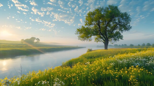 Perfect spring scene and morning meadow near the river with alone tree on the shore. Location place river Seret, Ukraine, Europe. Photo wallpaper. Environmental concept. Discover the beauty of earth.