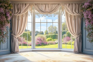 Fototapeta premium Soft, pastel curtains with tassels framing a large bay window, offering a view of a picturesque garden in bloom.