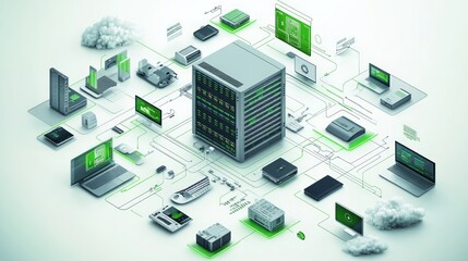 Network server connecting various devices, laptops, computers, tablets, and smartphones.