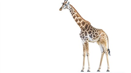 Naklejka premium Side view of giraffe isolated on white background, space for text.
