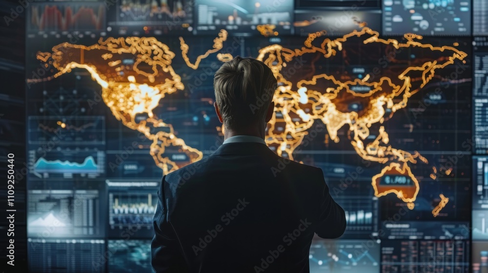 Poster man reviewing global data on large screens.