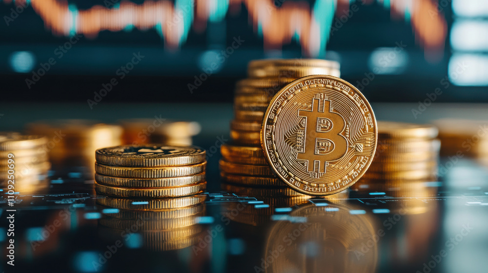 Poster stacks of golden coins representing cryptocurrency with digital chart in background