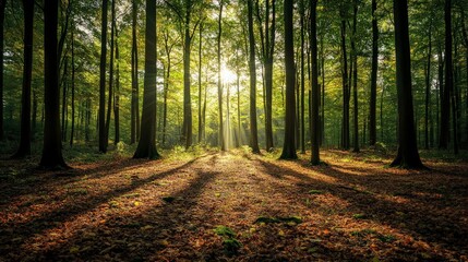 Obraz premium Sunlight filtering through trees enchanting forest photography serene nature ground level tranquility and calmness