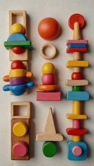 Wooden toys in vibrant colors on white background.