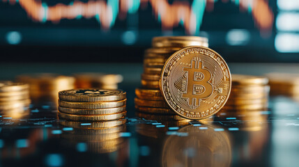 Stacks of golden coins representing cryptocurrency with digital chart in background
