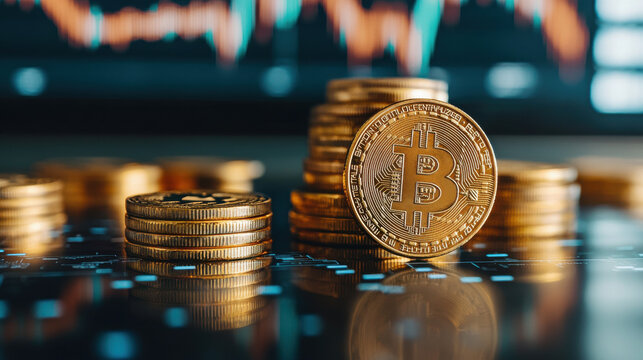Stacks of golden coins representing cryptocurrency with digital chart in background