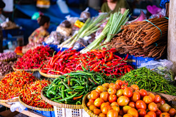 Vegetables and spices on Badung Market, Denpasar, Bali, Indon.