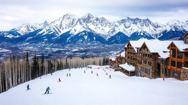 Winter break vacation concept. A snowy mountain resort with skiers and snowboarders enjoying their winter break on the slopes