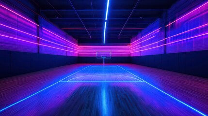 Neon-lit indoor basketball court with vibrant purple and blue lights illuminating the hardwood floor and hoop.