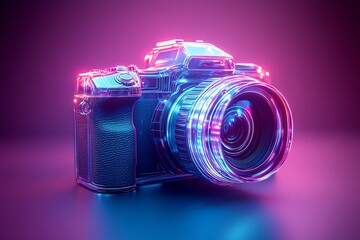 Colorful photo camera with neon lights on black background. Can be used for advertising, web design etc.

