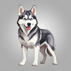 Illustration drawing portrait of a grey huskey in front view on grey background (isolated).