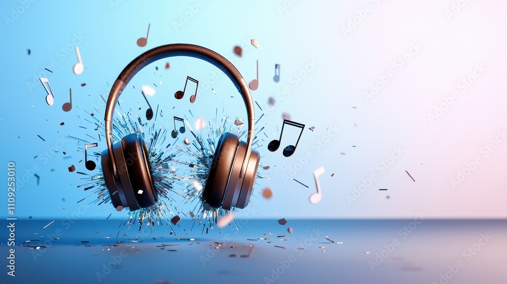 Poster headphone exploding concept, metallic headphones exploding with shards and musical notes in a dynami