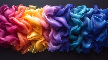 Colorful fabric arranged in wavy, flowing patterns on a dark background.