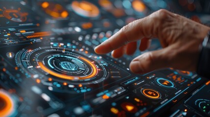 Naklejka premium Hand interacting with futuristic digital interface.