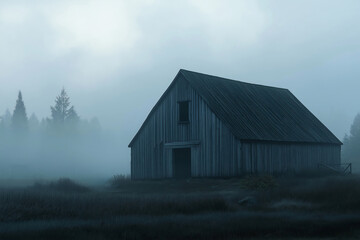 Old wooden barn is standing in a field with fog rolling in behind it and a fence to the right