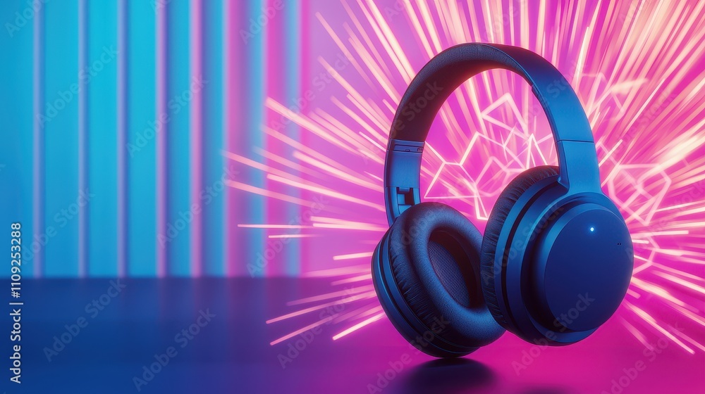 Poster headphone exploding concept, surreal depiction of headphones exploding with glowing light effects in
