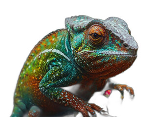 Obraz premium A colorful chameleon among the tropic green forest. White isolated transparent background.