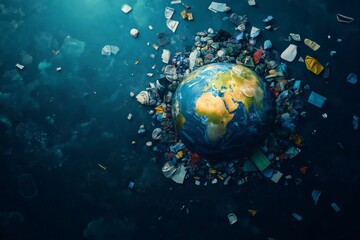 Miniature model of planet earth surrounded by plastic and garbage, symbolizing pollution