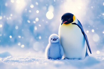 A close-up of an emperor penguin with its chick. Generative AI