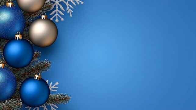 a photostock of a  blue christmas background with snowflakes and christmas balls. Copy space backgrounds , isolated on white background,  , copy space, copy space for text,