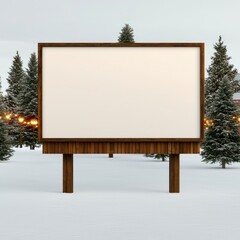 Obraz premium Festive mock-up of a large outdoor billboard concept. A blank wooden billboard stands in a snowy landscape surrounded by evergreen trees, creating a serene winter scene
