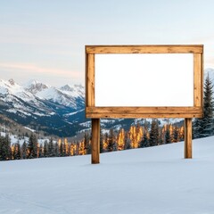 Festive mock-up of a large outdoor billboard concept. A wooden blank billboard stands in a snowy landscape, framed by majestic mountains and evergreen trees under a clear sky