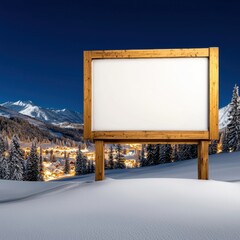 Festive mock-up of a large outdoor billboard concept. A wooden blank billboard stands in a snowy landscape, surrounded by mountains and a starry sky, capturing a serene winter night