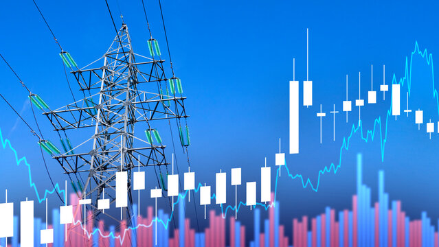 High voltage power line. Chart increase in electricity supply. High voltage line pole with wires under blue sky. Increasing energy costs concept. High voltage line for power supply.