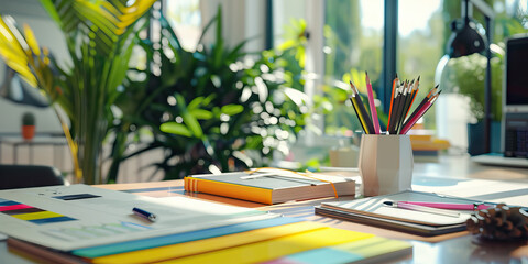 Close-up of a designer's desk with sketchbooks and color swatches, showing a creative job in graphic design