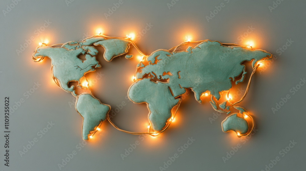 Poster glowing connections on world map symbolize global investments and unity
