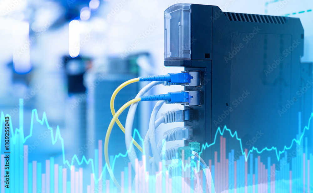 Poster network equipment. growing chart demonstrates increase in load. internet technologies. network switc