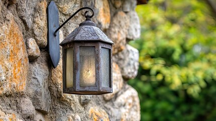 Rustic metal lantern mounted on a stone wall, illuminated with a warm light.