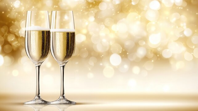 Celebratory New Year's Eve toast with champagne glasses on shimmering golden background, featuring bokeh effect and festive confetti banner, embodying a vibrant New Year celebration concept.