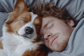 Man and Dog Cuddling Together in Peaceful Rest