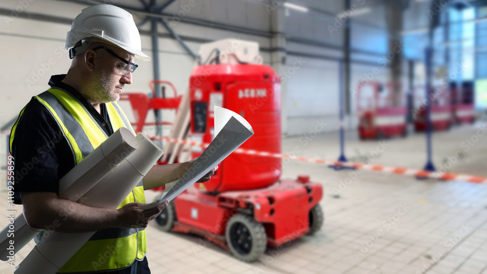 Poster man engineer in industrial building. builder reads architectural drawings. papers in hands architect