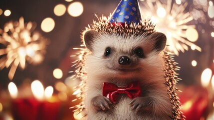 A charming hedgehog in a colorful party hat and bow tie poses adorably against a backdrop of twinkling lights, symbolizing joy and bright celebrations.