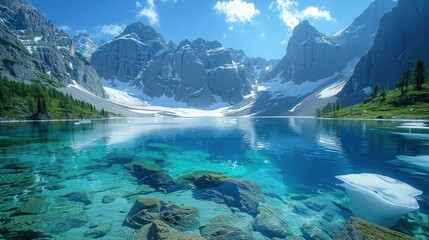 Crystal-clear alpine lake reflecting majestic mountains under a vibrant blue sky.