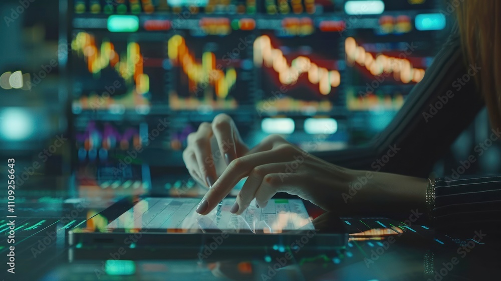 Poster woman's hands using a tablet with stock market data displayed on screens in the background.