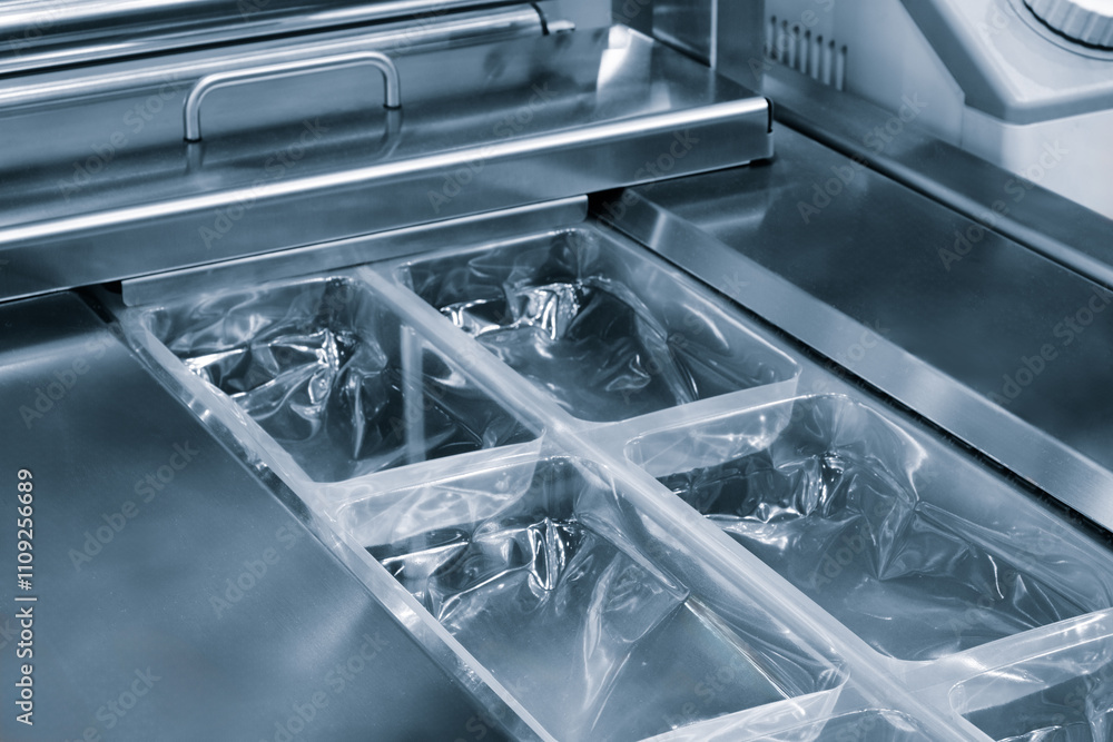 Poster automatic polyethylene plastic box production machine with lighting effect. close-up of the roller o