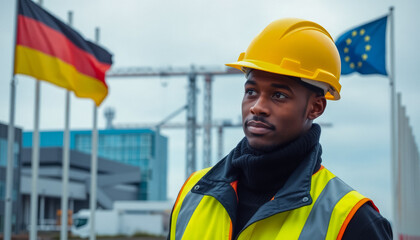 Obraz premium Afro-American Man, engineer or construction worker, wearing a yellow hard hat and a safety vest standing in front of a industrial buildings. In the background, are German and European Union flags.