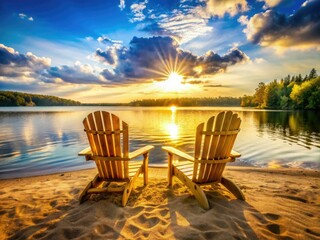Adirondack Beach Chairs, Sunny Beach Vacation, Lakefront Holiday, Summer Relaxation