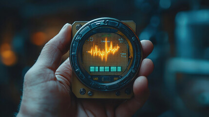 Fototapeta premium Device displays heartbeat reading in a futuristic setting with glowing graphic details