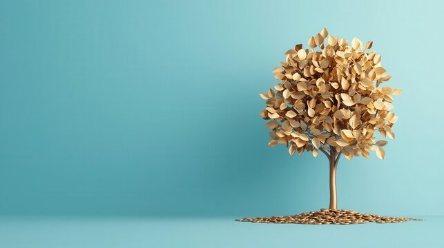 Investment return, sprouting tree with golden leaves, 3D illustration