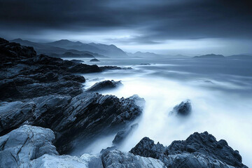 Obraz premium Rocky shoreline with waves and dark clouds at dusk