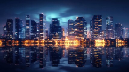 Obraz premium Modern city skyline at night with skyscrapers reflecting on water