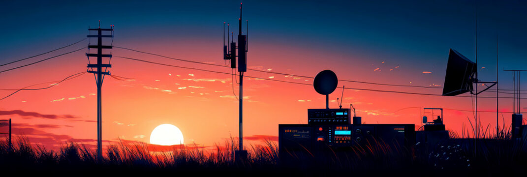 Celebrating world amateur radio day at sunset with antennas and communication equipment. Horizontal banner. Copy space. Flat illustration