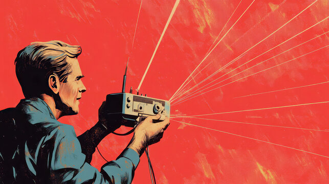 Celebrating World amateur radio day with enthusiast communicating via vintage device. Horizontal banner. Copy space. Vintage illustration, red background
