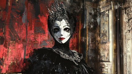 Woman in black dress and crown with white face paint.
