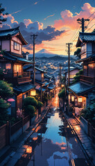 Fototapeta premium lofi cozy japanese tokyo town street in the evening landscape with anime artstyle.