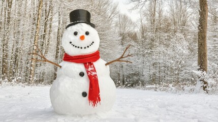 Obraz premium happy snowman stands in a snowy forest